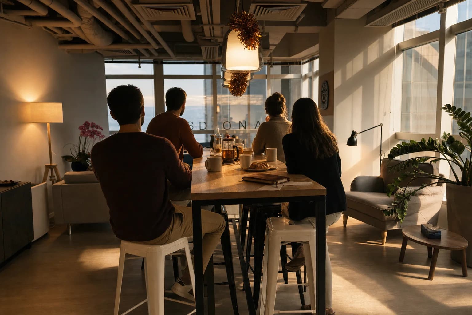Sedona Hong Kong office breakfast bar in the morning, anonymous figures in conversation around a tall wooden table.